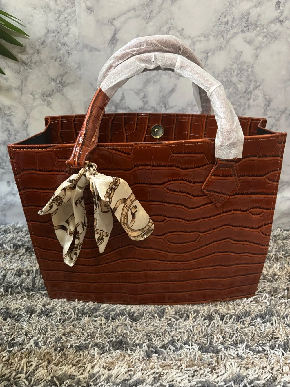 Cognac Croc-Embossed Tote with Scarf Accent